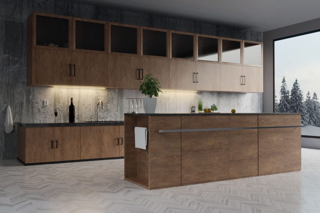 Kitchen cabinets with a beautiful staining finish in a modern kitchen setting