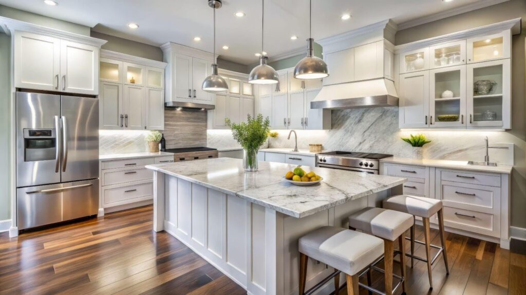 A modern kitchen with white cabinets and stainless steel appliances