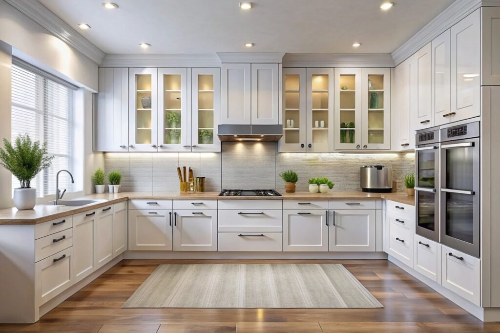 Modern white kitchen with wood countertops, double ovens, gas stovetop, glass-front cabinets, under-cabinet lighting, and potted herbs. Bright and airy.