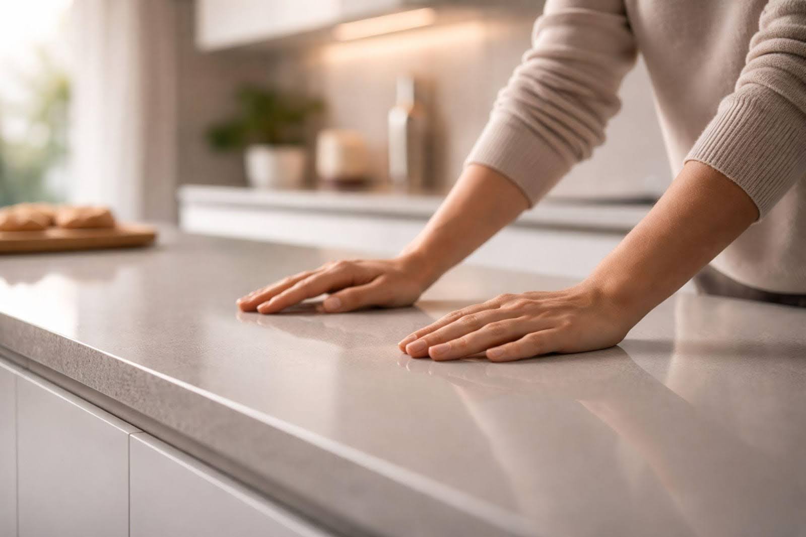 A person is cleaning a countertop with a cloth ensuring a tidy and hygienic surface