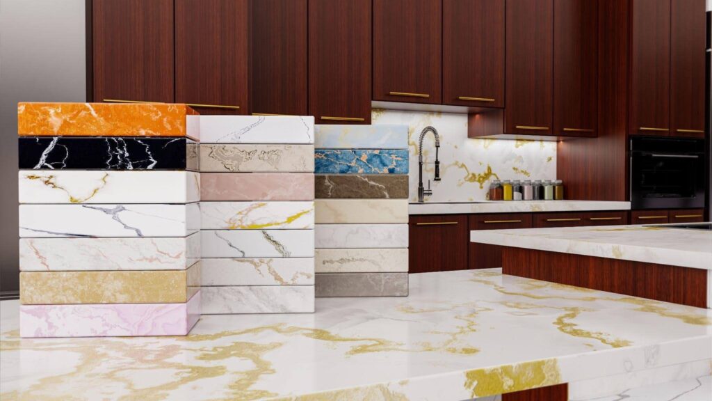 A modern kitchen featuring elegant marble countertops and sleek cabinets