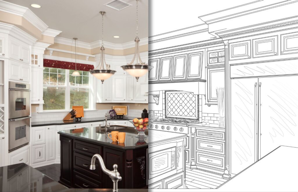 A split image transitioning from a photograph of a kitchen into a black-and-white architectural design sketch.