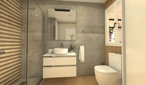 Modern bathroom with shower, toilet, and sink. Perfect for vanity, cabinet, and SLC remodels