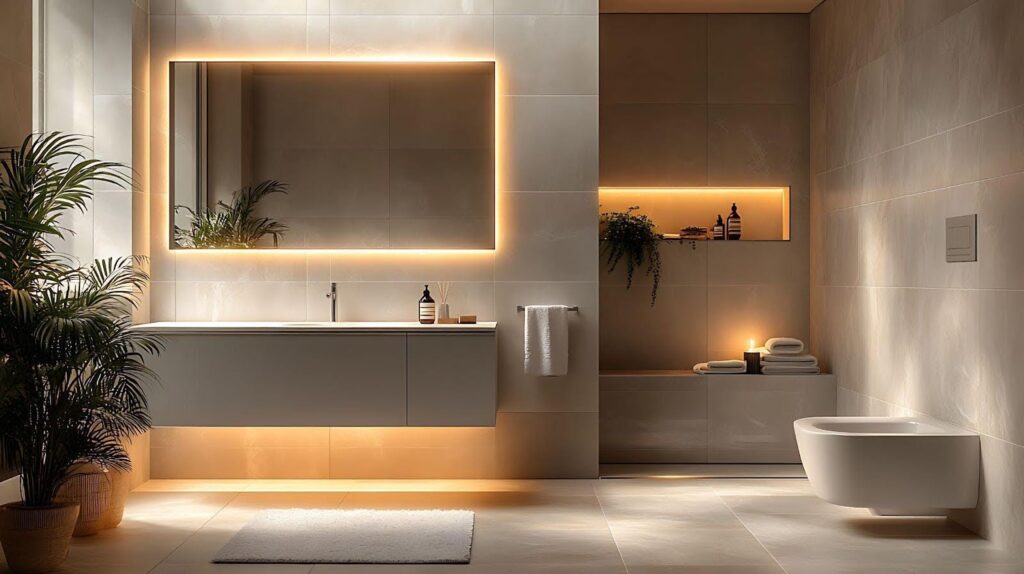A modern bathroom with a lighted mirror above a sleek sink
