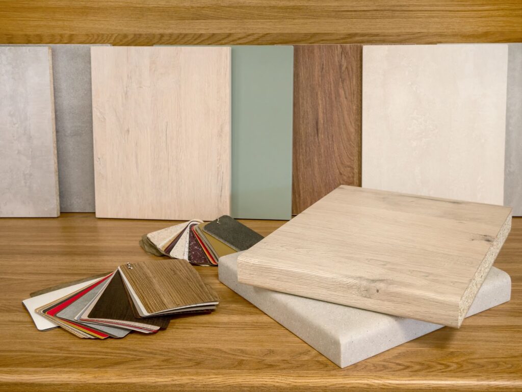 Various wood and material samples on a wooden surface.