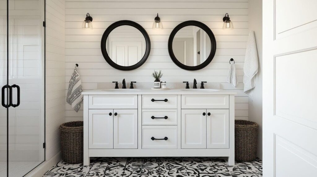A bathroom featuring white walls and a stylish black and white tiled floor