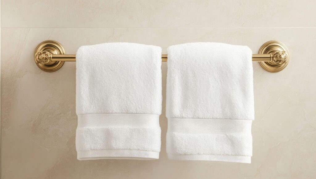 Two neatly folded towels hang on a polished brass towel rack against a neutral wall