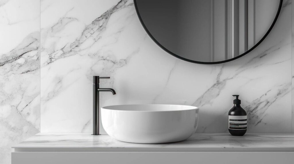 White marble bathroom with a stylish black and white sink