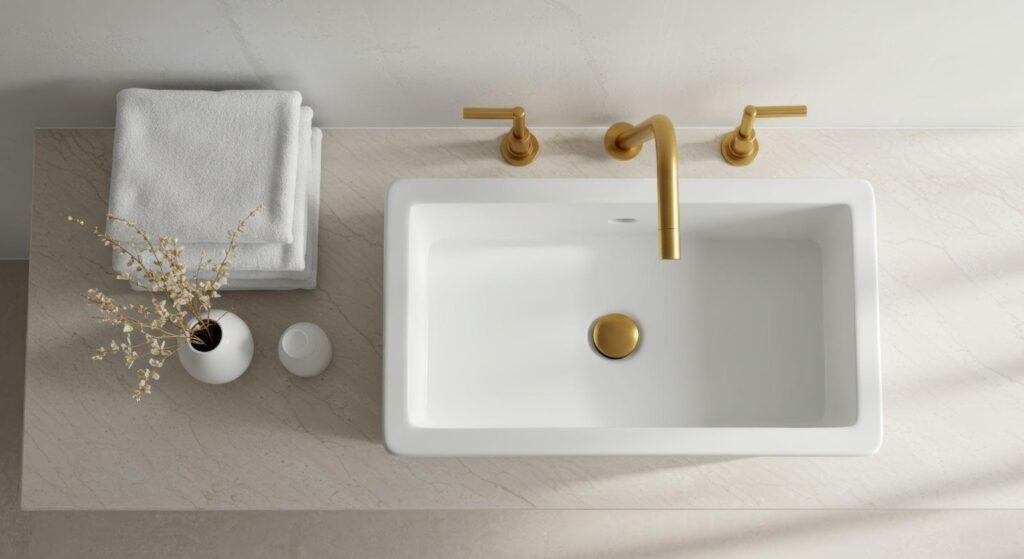 A white bathroom sink featuring elegant gold faucets showcasing a modern and luxurious design