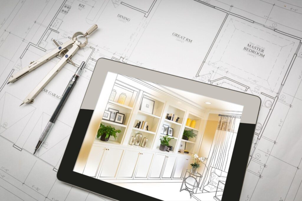 A tablet displaying a digital drawing of a simple house with a sloped roof and a front door