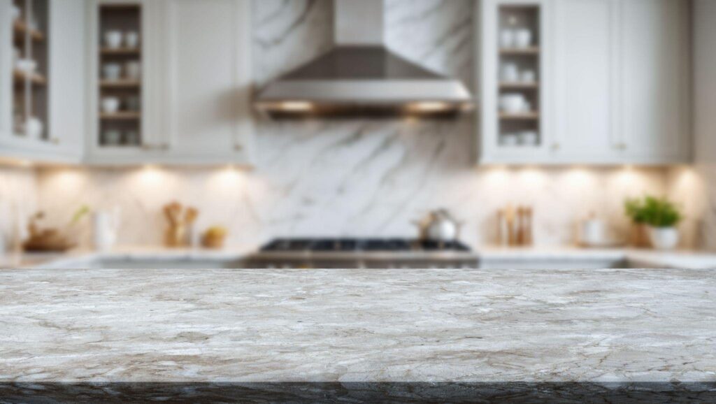 A kitchen counter with a sleek marble top and white cabinets reflecting modern design